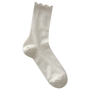 White hollow-out knit mid-calf cotton socks with elegant ruffled edges and vertical texture