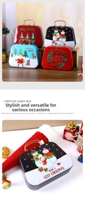 Detailed view of festive metal Christmas storage tins with portable handles and nutcracker art