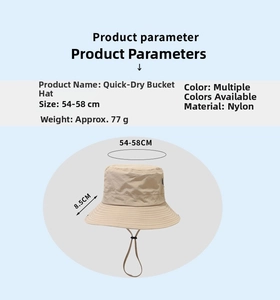 Detailed chart showing quick-dry nylon sun hat dimensions and adjustable windproof rope features