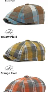 Détails des motifs à carreaux kaki, jaunes et orange sur des casquettes gavroche rétro