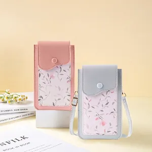 Women Floral Print Mobile Phone Crossbody Bag PVC Leather Touch Screen Window Mini Shoulder Pouch For Girls Fresh Style