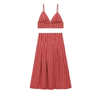 Striped Crop Top And High Waisted Midi Skirt Cotton Blend Vertical Stripes Button Decor Casual Summer Outfit For Women