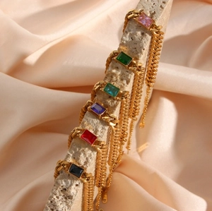 Bracciali a catena cubana placcati oro in acciaio inox con zirconi rettangolari colorati