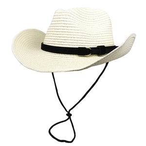 Men's western straw cowboy hat with black decorative belt and adjustable wind rope