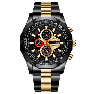 Men's sport quartz watch with black gold steel band and luminous date chronograph display