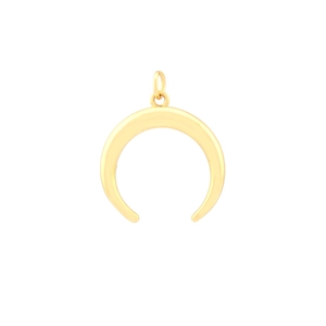 Detailed close-up of a crescent-shaped gold pendant with polished finish and top ring