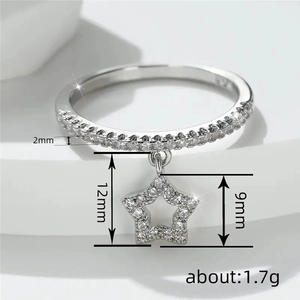 S925 sterling silver ring with a sparkling zircon star pendant and paved band details