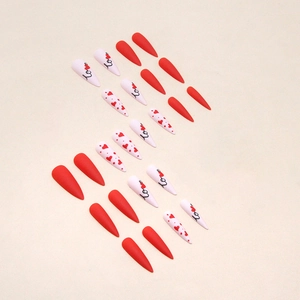 Matte long stiletto press-on nails with red heart patterns and Love text design