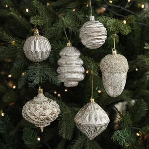 Lussuosi Addobbi Natalizi in Plastica Oro Champagne Pendenti Geometrici con Glitter e Perline per Decorazione Casa e Feste