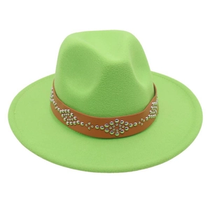 Detail of neon green wool fedora hat featuring a brown band with silver metal studs