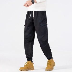 Men's street style black camo cargo joggers with drawstring waist and large pockets