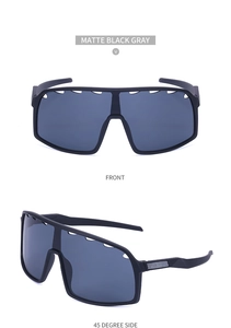 Front and side views of matte black sports cycling sunglasses with windproof vent holes