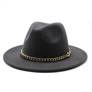 Detailed view of wide brim wool fedora hat featuring a chunky gold metal chain link