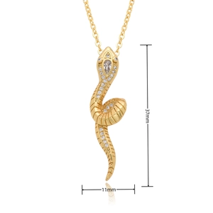 Macro detail of gold snake pendant with micro-pave crystals and 37mm height dimensions