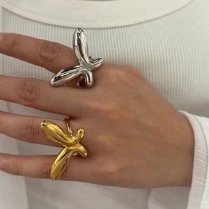 Minimalist stainless steel butterfly open rings in gold and silver liquid metal style