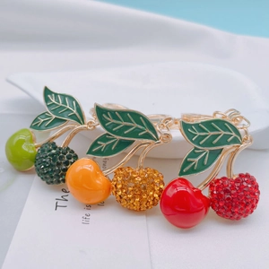 Cherry Fruit Alloy Keychain With Rhinestone Enamel Leaf Braided PU Leather Lanyard For Women Bag Charm Hanging Decor
