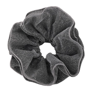 Sparkling dark grey double-layered ruffle scrunchie for hair styling and ponytails