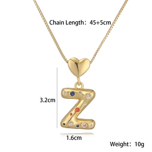 Detailed view of gold plated Z-letter pendant with colorful cubic zirconia and chain info