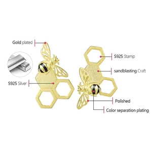 Detailed view of S925 silver bee earrings featuring gold plating and polished honeycomb