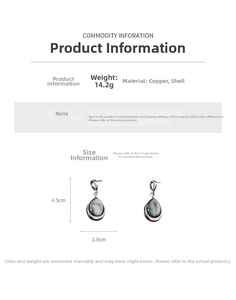 Detailed view of silver-tone teardrop earrings with iridescent grey-green shell inlays