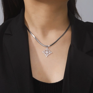 Polished stainless steel witch's knot pendant necklace on snake chain for women
