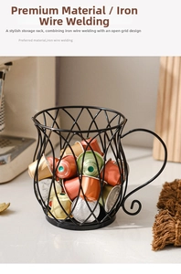 Macro detail of a black spiral wire coffee capsule holder in a modern cup shape