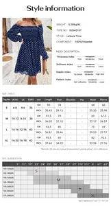 Detailed size chart and fabric specifications for the casual polka dot summer dress