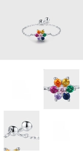 Macro detail of S925 silver flower ring showing pave set colorful 5A cubic zirconia