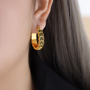 French vintage gold C-shaped earrings featuring green floral gem clusters for women
