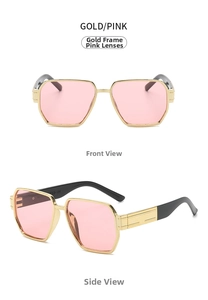 Front and side views of trendy geometric gold metal sunglasses with pink lenses