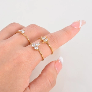 Eleganti anelli in acciaio inossidabile dorato con zirconi su una mano curata