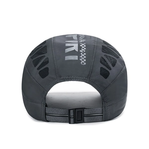 Dark gray quick-dry sports cap with breathable mesh and reflective logo, rear view