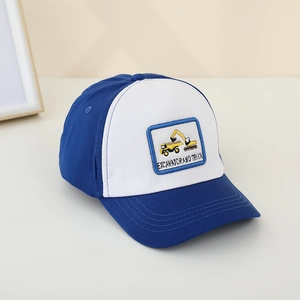 Detailed view of kids baseball cap featuring excavator and truck embroidery patch