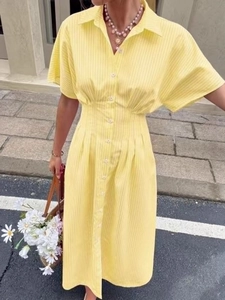 Blue and yellow striped button-down dress with a waist tie and short sleeves