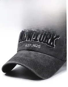 Detail of New York 3D embroidery on washed cotton vintage dark grey baseball cap