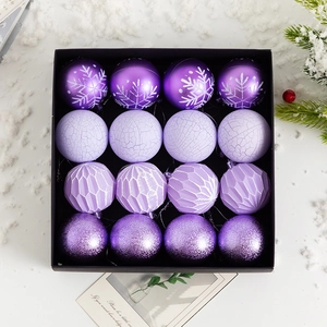 16-piece set of purple Christmas ball ornaments with mixed patterns in a luxury gift box