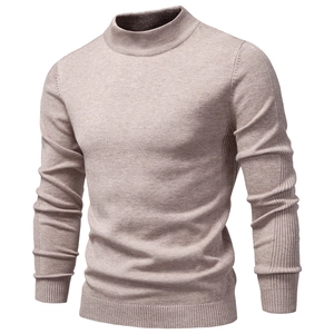 Men's slim fit oatmeal mock neck knit sweater with warm ribbed side texture