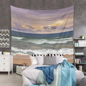 Detail of bohemian wall tapestry featuring sunset beach scenery in a bedroom setting