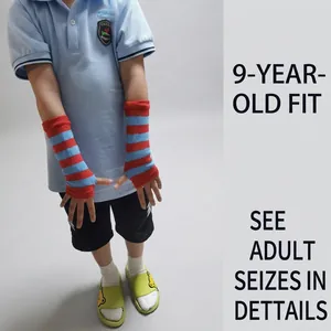 Kids wearing striped knit fingerless arm warmers in red and light blue colors
