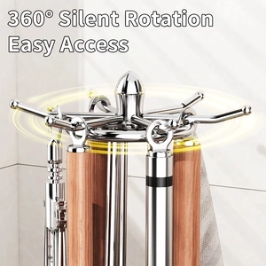 360-degree rotating stainless steel kitchen utensil rack with six hooks for countertop storage