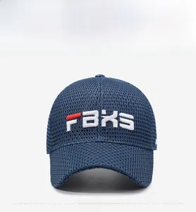 Detailed view of dark blue breathable mesh baseball cap with FBXS letter embroidery