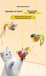 Three colorful simulated birds with feathers and strings for interactive cat play