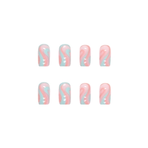 Square blue and pink marble pattern press-on nails with glossy finish for summer