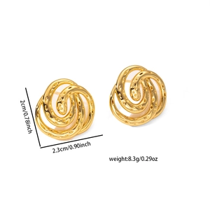 Macro shot of gold-plated twisted flower earrings showing size and weight specs