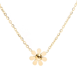 Minimalist golden daisy necklace with sunflower pendant and fine cross chain on white backdrop