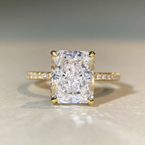 Classic 925 silver radiant cut gemstone ring with gold plating and paved accents
