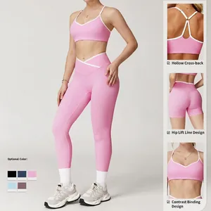 Roze yoga-set met hoge taille, cross-back sportbeha en contrasterende biezen
