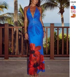 Halter Maxi Dress Women Polyester Deep V Neck Backless Ruched Slim Fit Floral Print Summer Beach Vacation