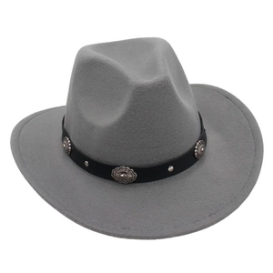 Detail of grey felt cowboy hat with black leather band and silver concho studs