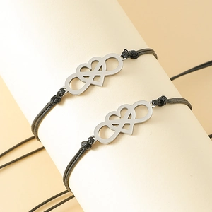 Handmade woven heart and infinity couple bracelets with stainless steel charm and adjustable cord